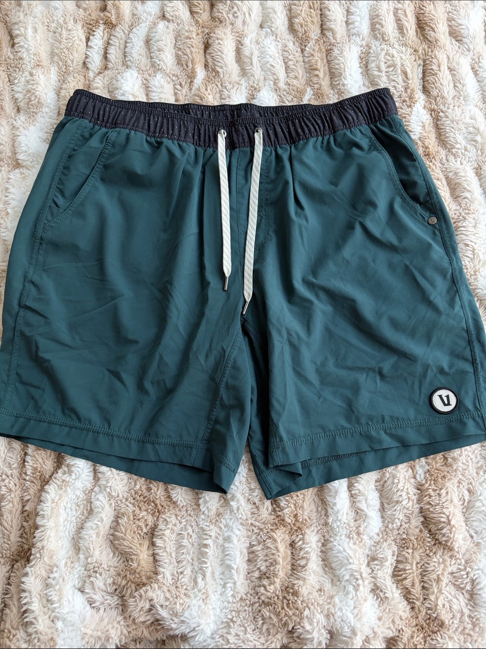 Vuori Teal Hybrid Shorts with Black Waistband and White Drawcord